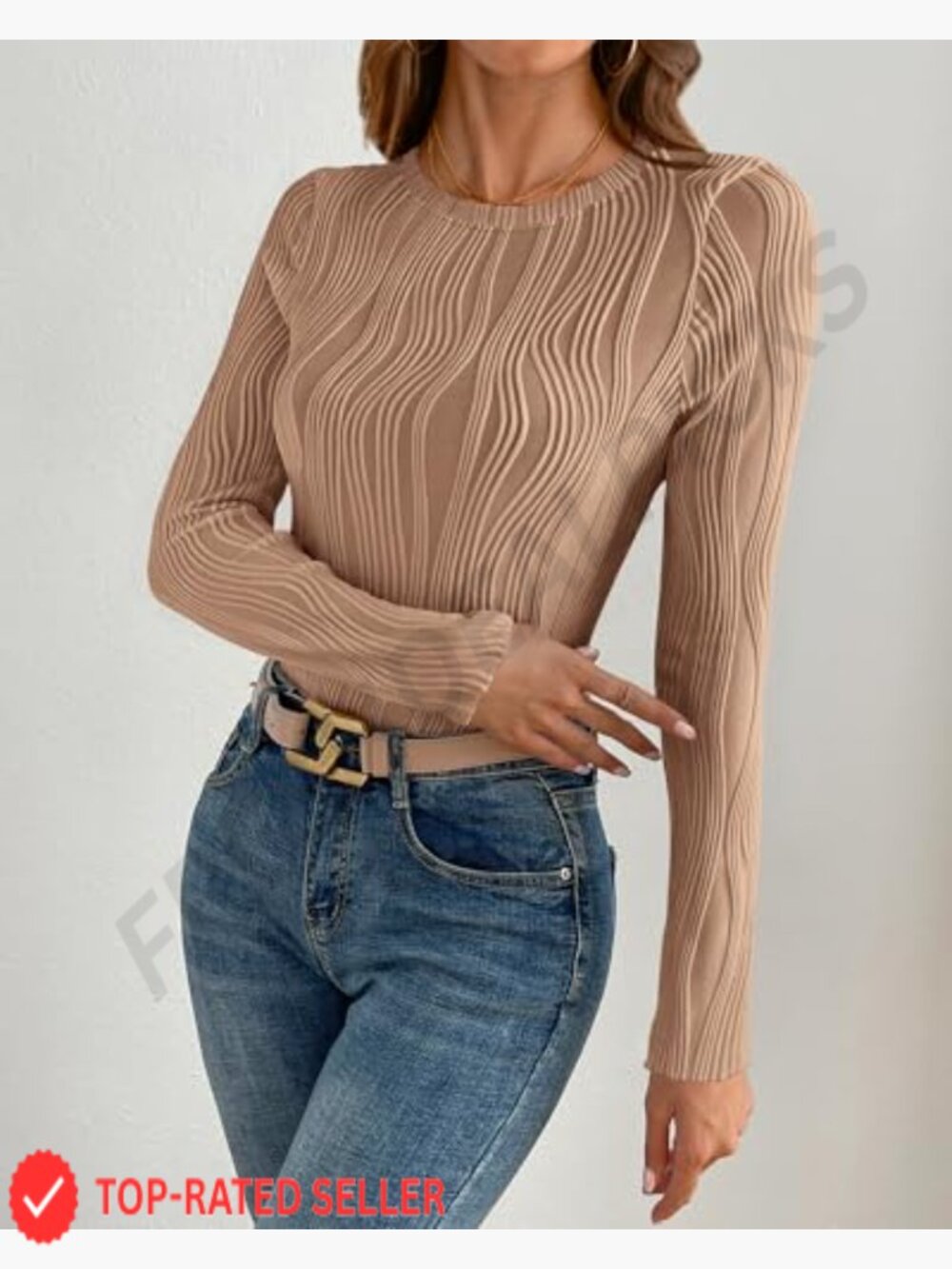 Long Sleeve Crewneck Blouse Fitted Textured Knit T Shirt Y2K Chic Top - Picture 6 of 7